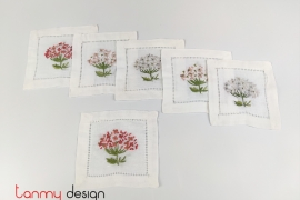Set of 6 coasters hand-embroidered with red hydrangea  10*10 cm